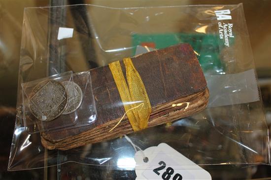 Eastern, possibly Tibetan, palm leaf book, inscribed in Sanskrit, 1768 30 Kreuzer silver coin & a 1941 Quarter Dollar